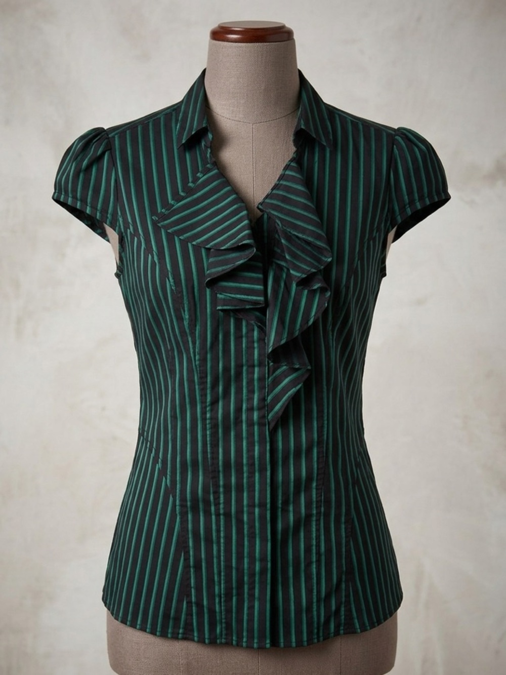 Express Black and Green Striped Tie-Neck Cap Sleeve Blouse